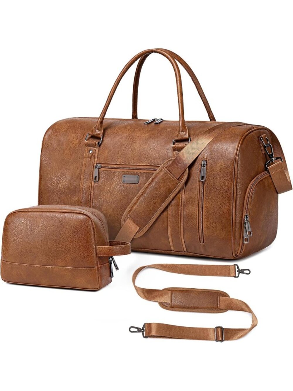 Spacious Faux Leather Travel Duffel Bag with Shoe Compartment & Toiletry Bag